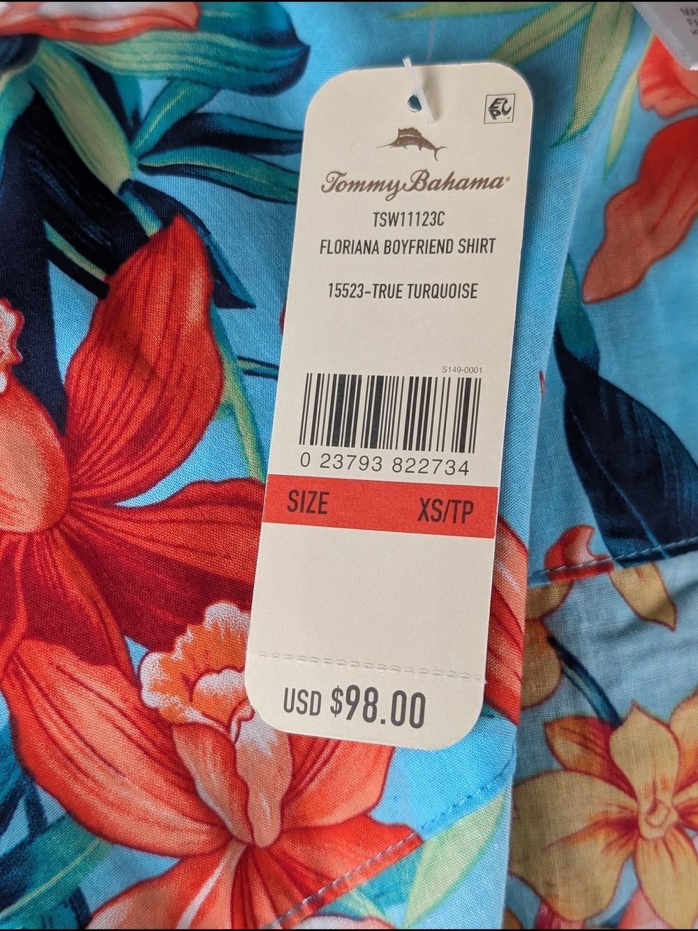 NWT Tommy Bahama Floriana Boyfriend Shirt XS Turquoise Tropical Floral Cotton - Picture 10 of 11